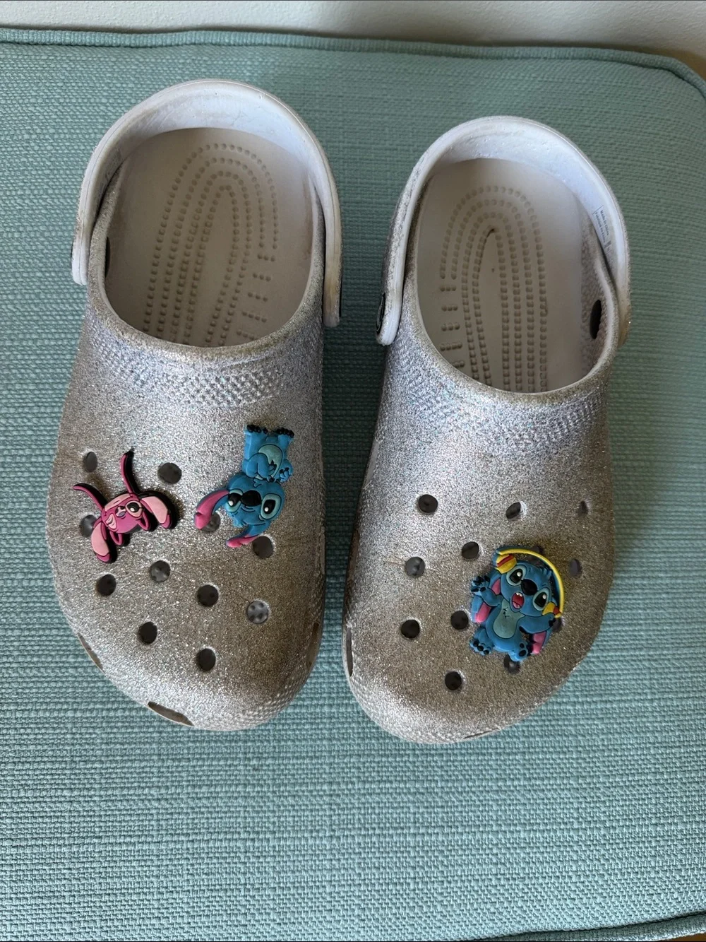 CROCS Kids Glitter Silver Slip-On Sandals with Character Jibbitz